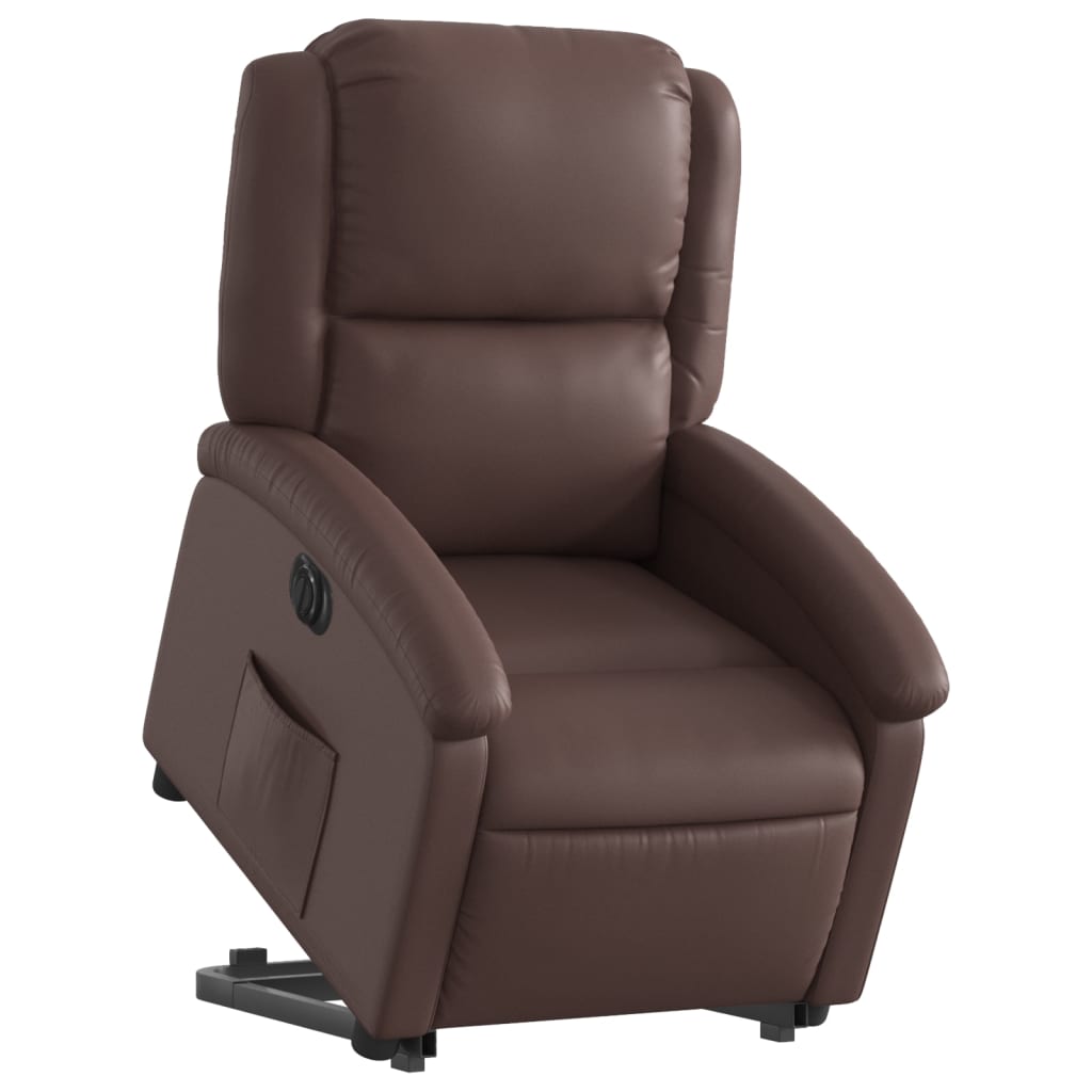 Recliner chair with electric riser, brown faux leather