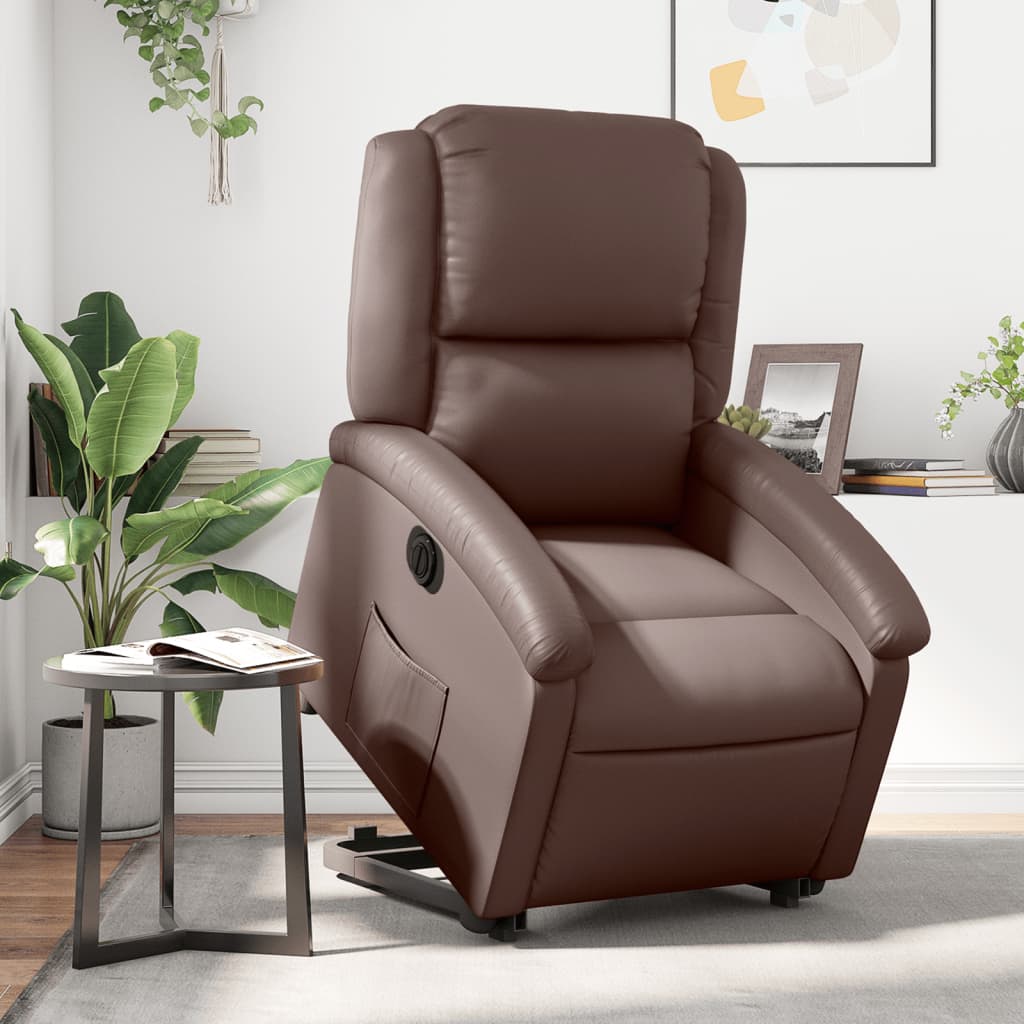 Recliner chair with electric riser, brown faux leather