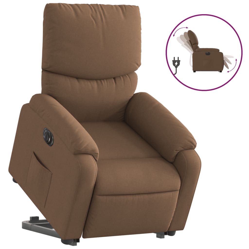 Recliner chair with electric riser, brown fabric