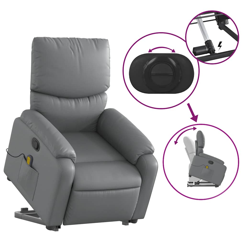 Massage chair with stand-up aid, grey artificial leather
