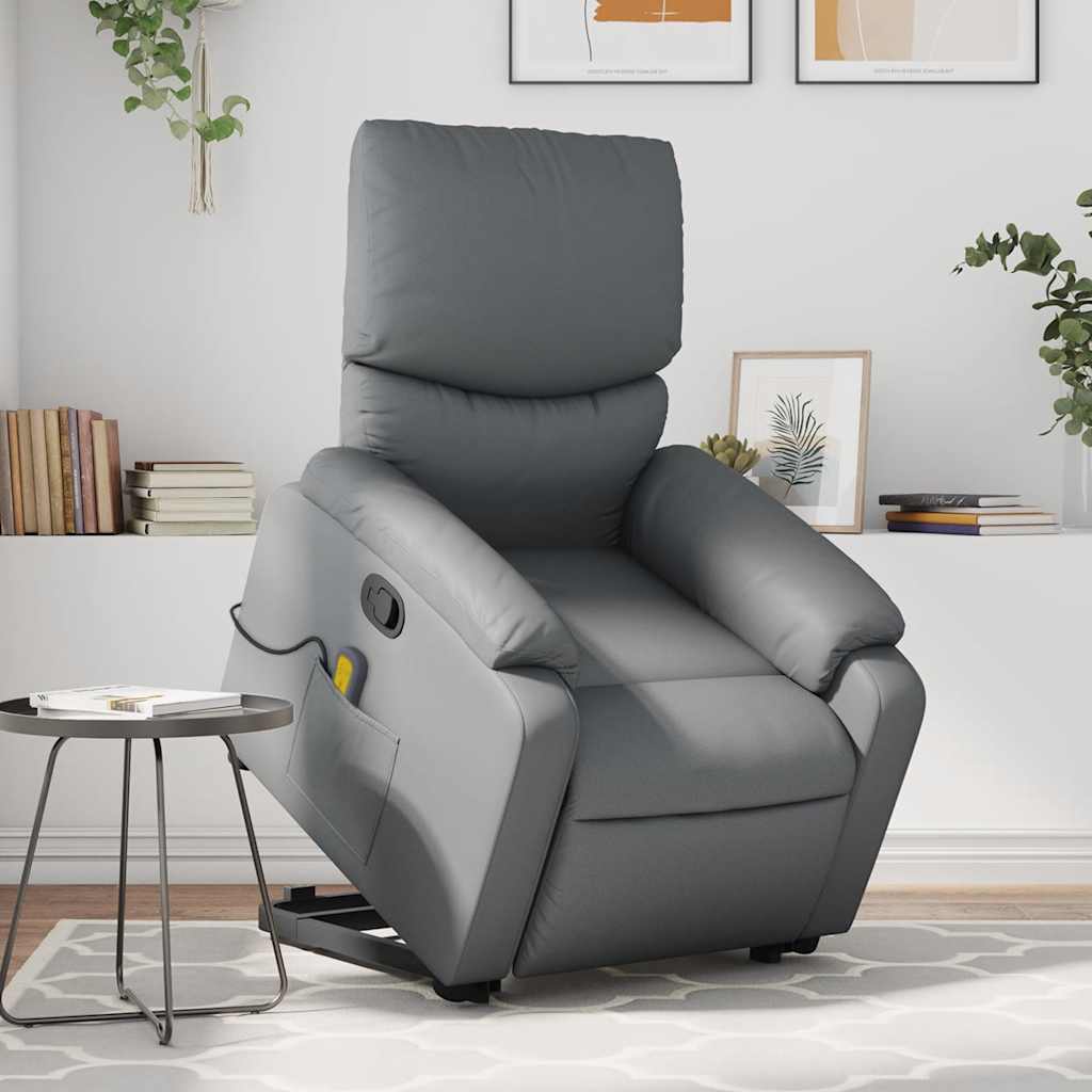 Massage chair with stand-up aid, grey artificial leather