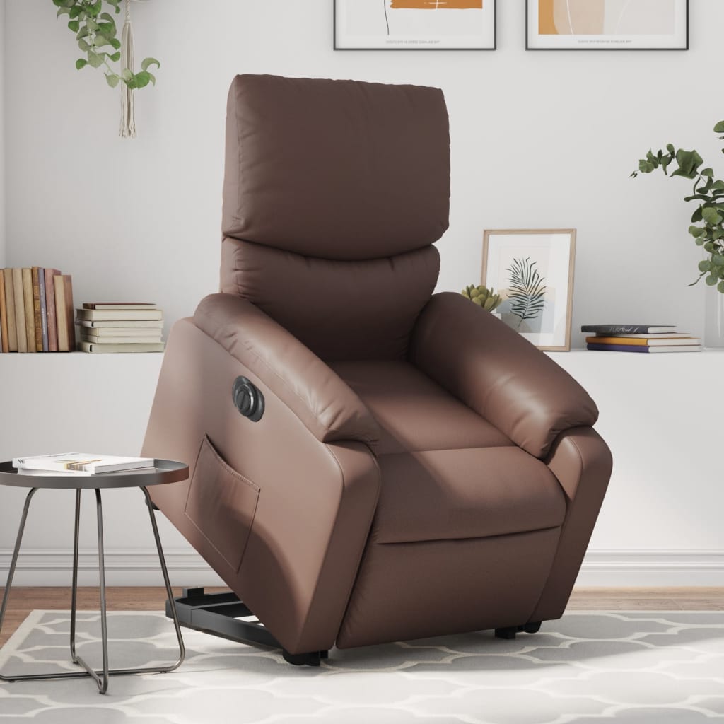 Recliner chair with electric riser, brown faux leather