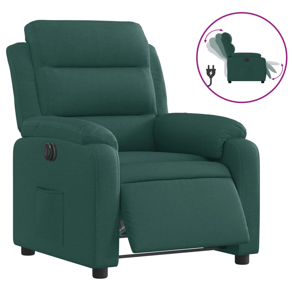 Electric recliner chair in dark green fabric