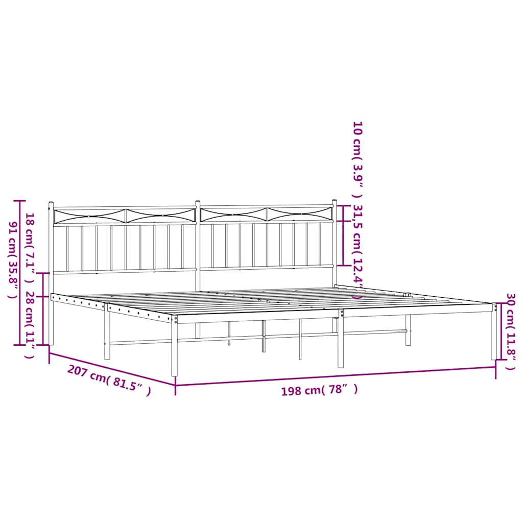 Bed frame with headboard metal white 193x203 cm