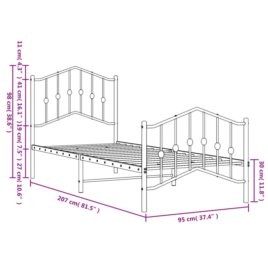 Bed frame with head and footboard metal white 90x200 cm