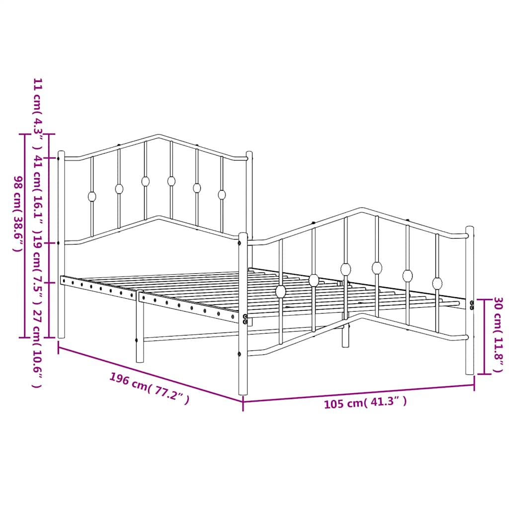 Bed frame with head and footboard metal white 100x190 cm