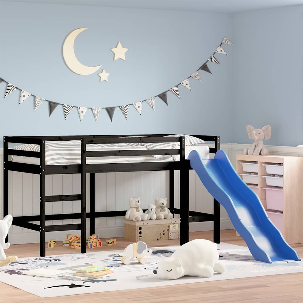Children's loft bed with slide black 80x200 cm solid pine wood