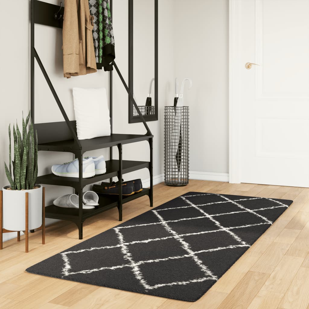 Carpet Shaggy Deep Pile Modern Black and Cream 80x200 cm