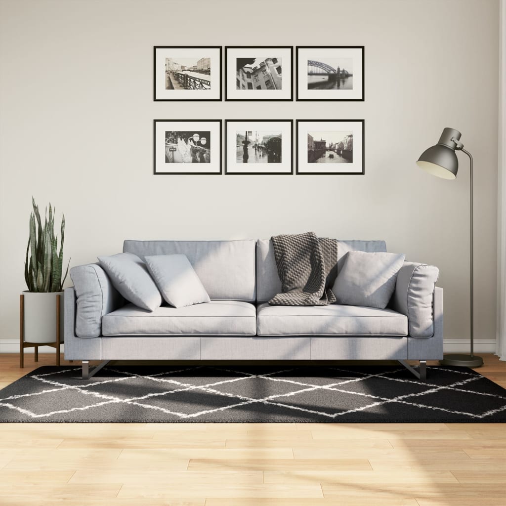 Shaggy Carpet PAMPLONA Deep Pile Modern Black Cream 100x200cm