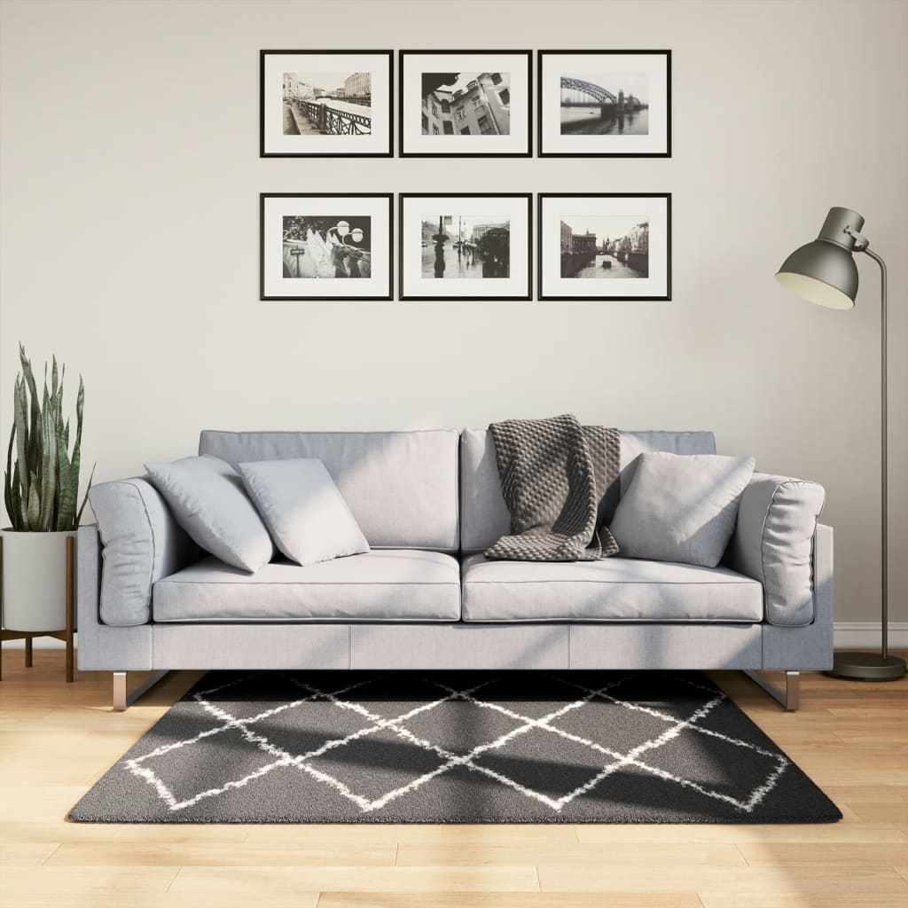 Carpet Shaggy Deep Pile Modern Black and Cream 120x120 cm