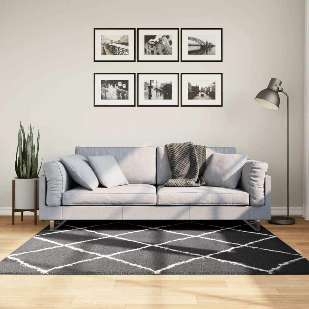 Carpet Shaggy Deep Pile Modern Black and Cream 160x160 cm