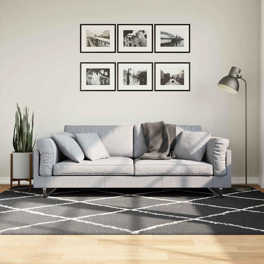 Teppich Shaggy Hochflor Modern Schwarz und Creme 160x230 cm