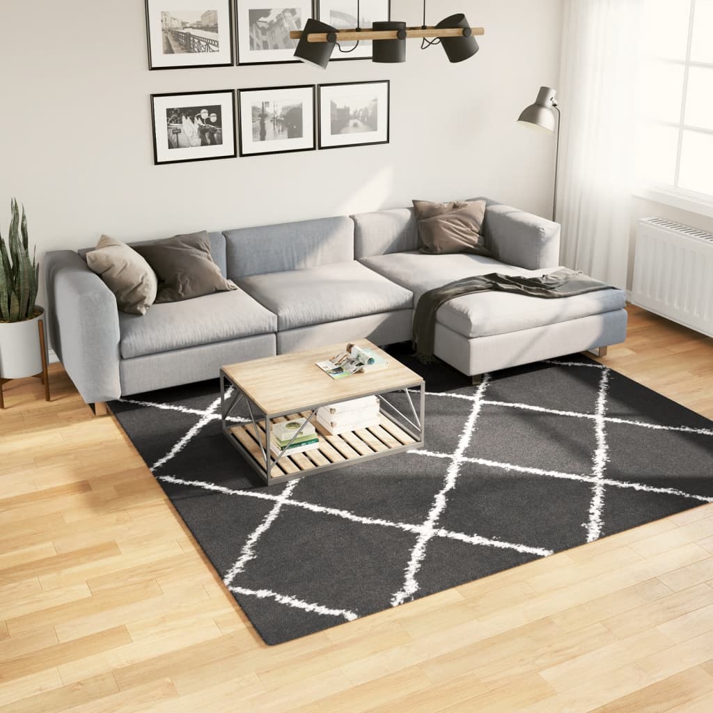 Carpet Shaggy Deep Pile Modern Black and Cream 240x240 cm