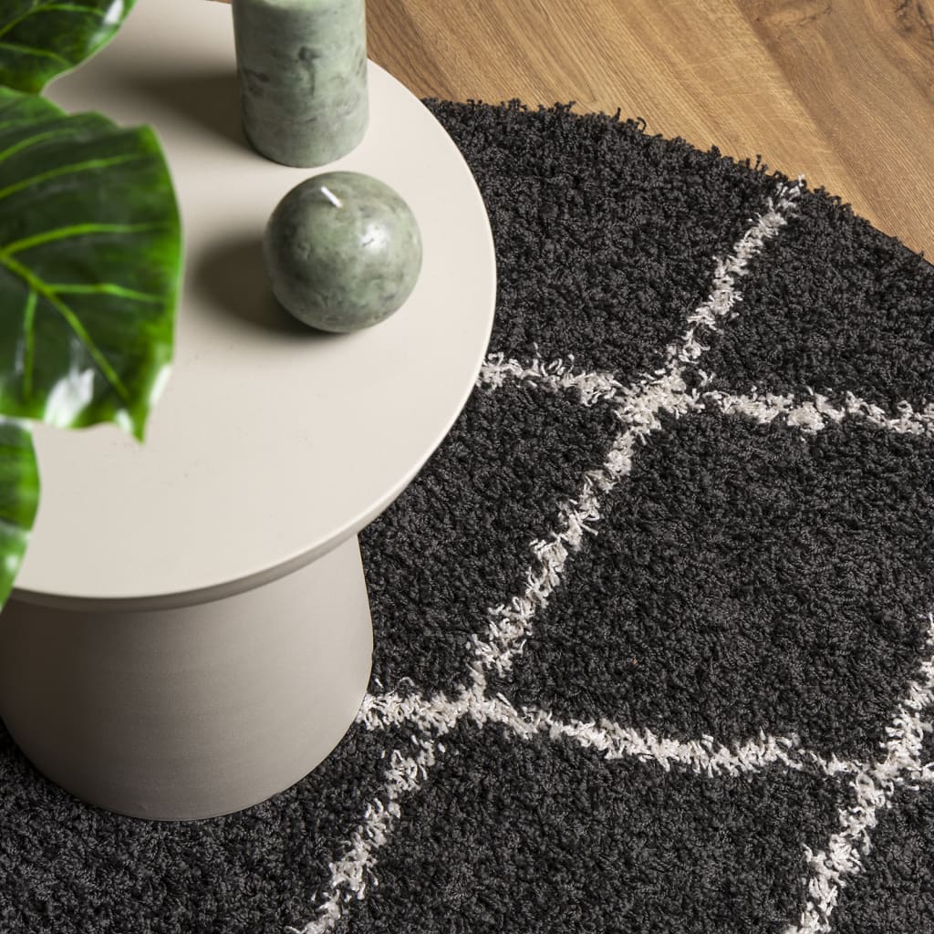 Carpet Shaggy Deep Pile Modern Black and Cream Ø 120 cm