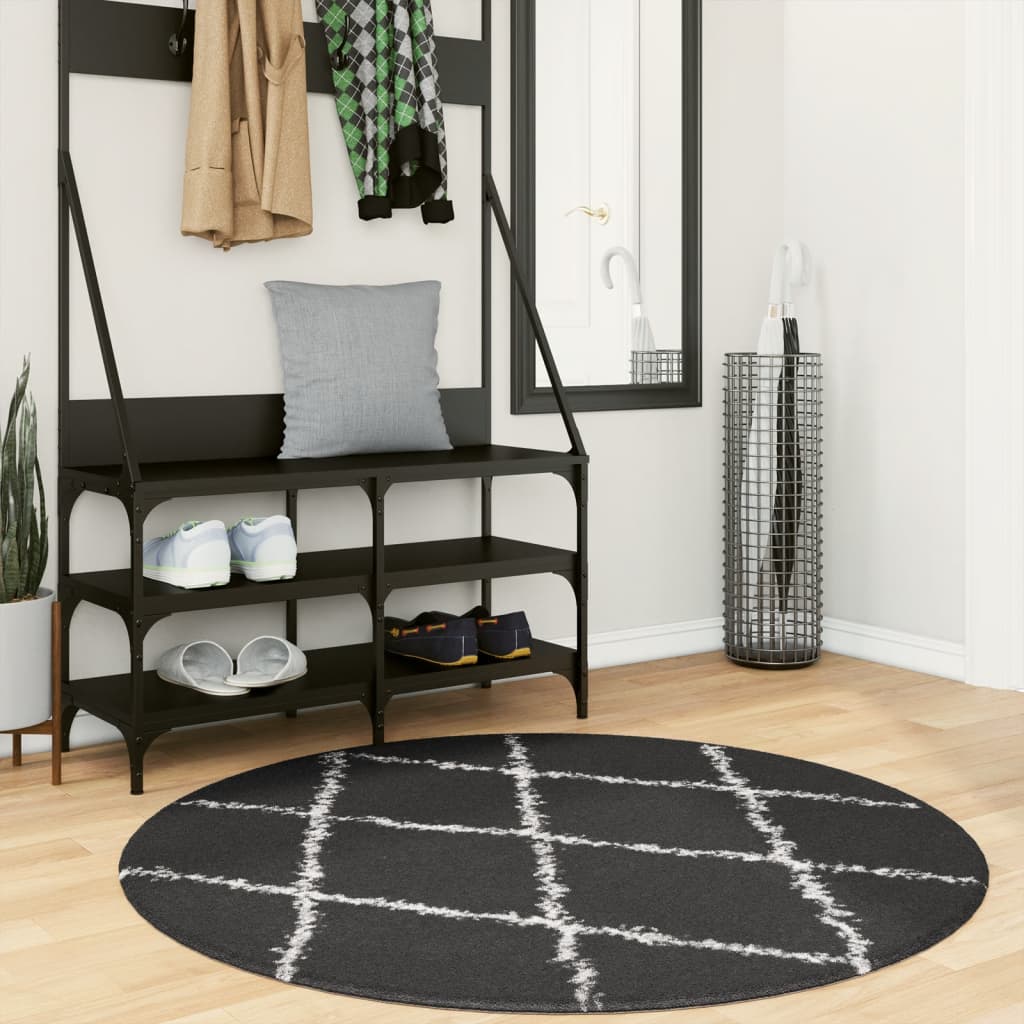 Carpet Shaggy Deep Pile Modern Black and Cream Ø 120 cm