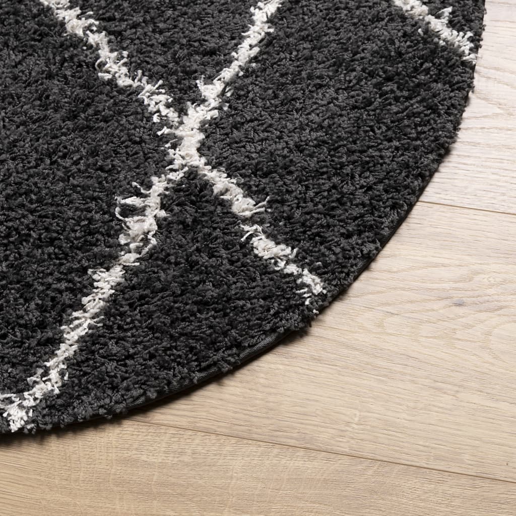 Carpet Shaggy Deep Pile Modern Black and Cream Ø 200 cm