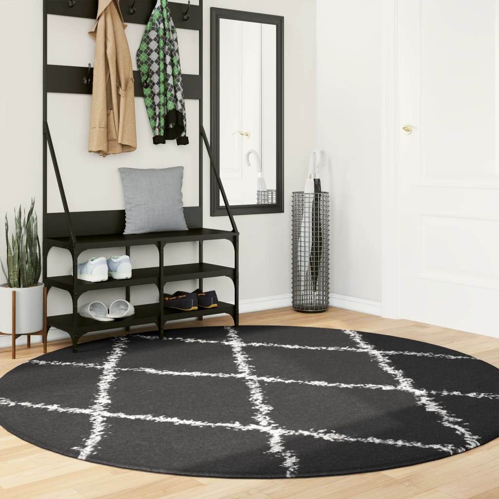Carpet Shaggy Deep Pile Modern Black and Cream Ø 200 cm