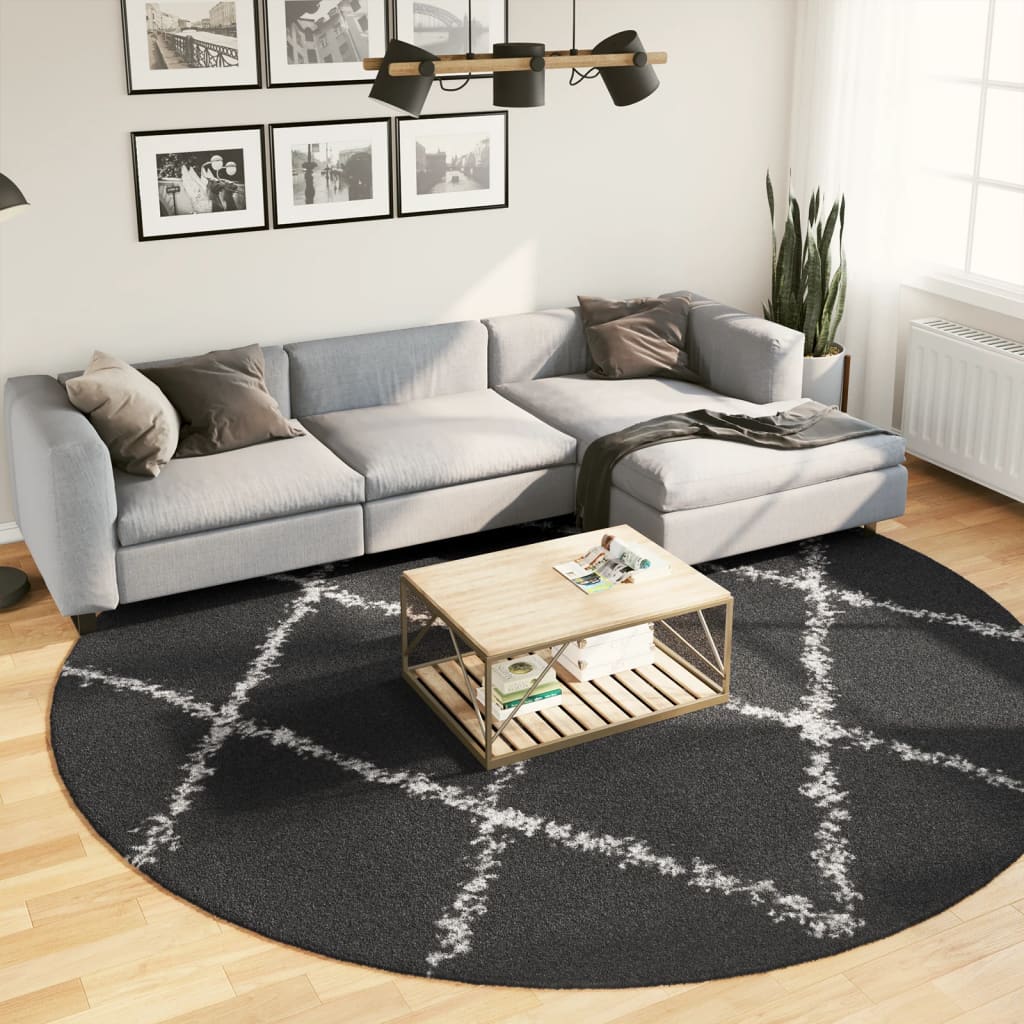 Carpet Shaggy Deep Pile Modern Black and Cream Ø 280 cm