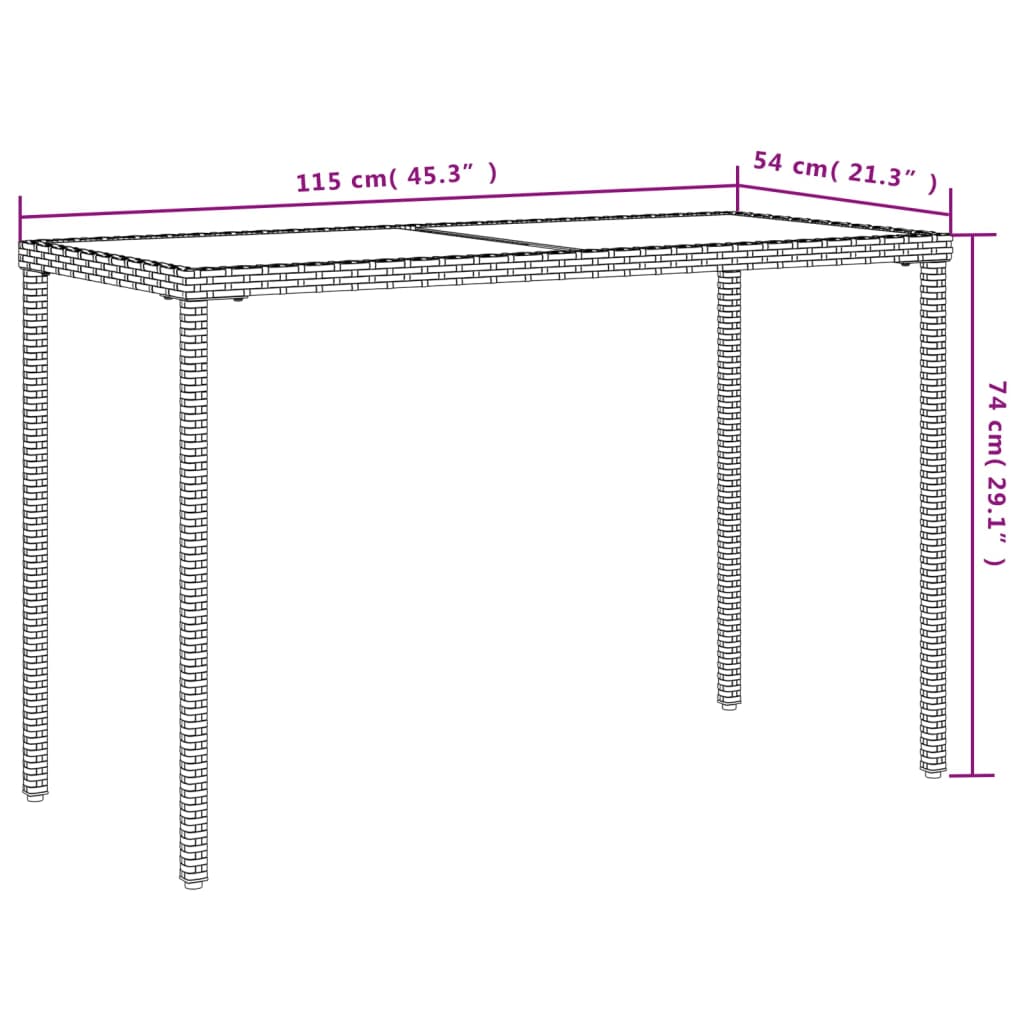 Garden table with glass top beige 115x54x74 cm poly rattan