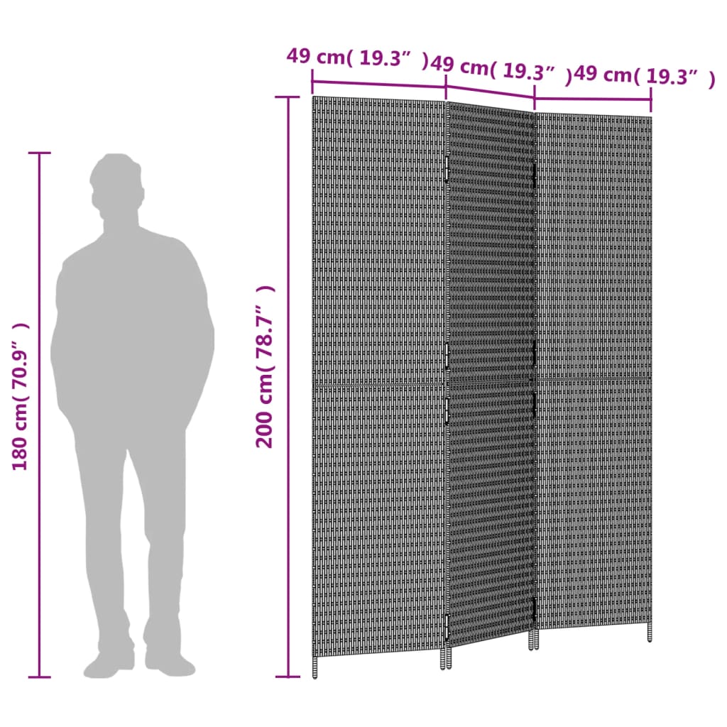 Paravent 3-tlg. Grau Poly Rattan