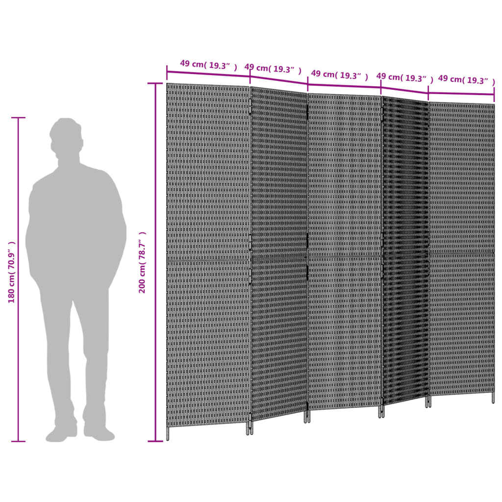 Paravent 5-tlg. Schwarz Poly Rattan