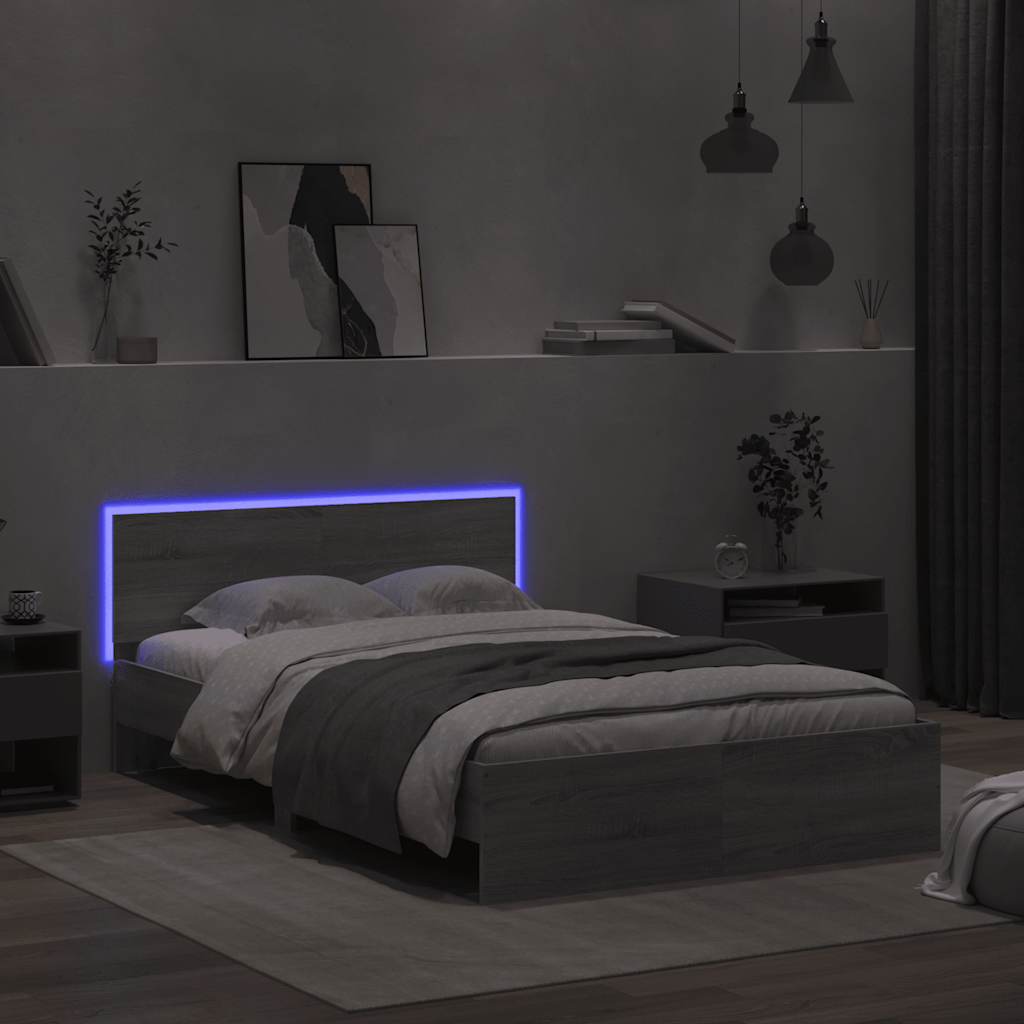 Bettgestell mit Kopfteil LED-Beleuchtung Grau Sonoma 120x190 cm