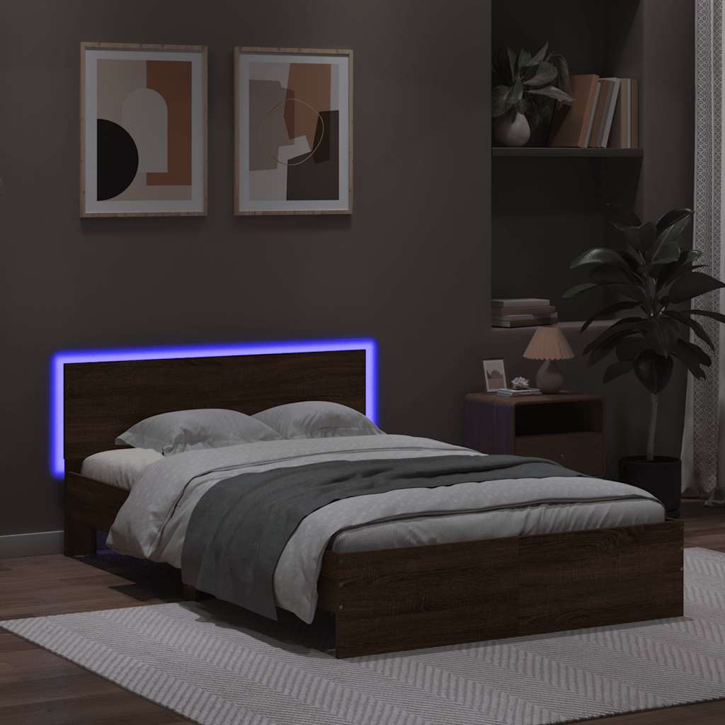 Bed frame with headboard LED lighting brown oak look