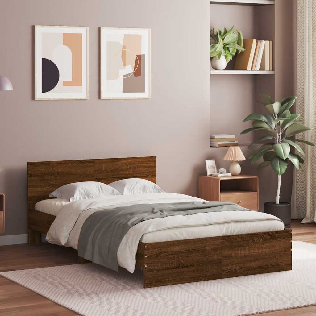 Bed frame with headboard LED lighting brown oak look