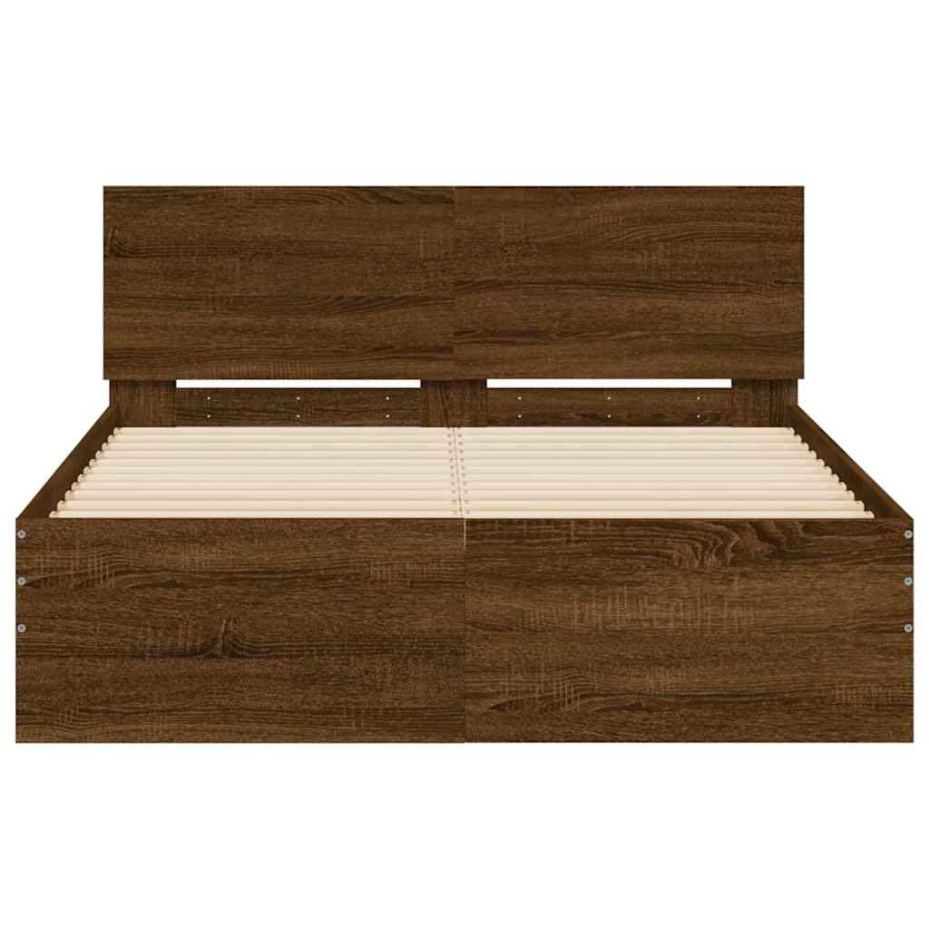 Bed frame with headboard LED lighting brown oak look
