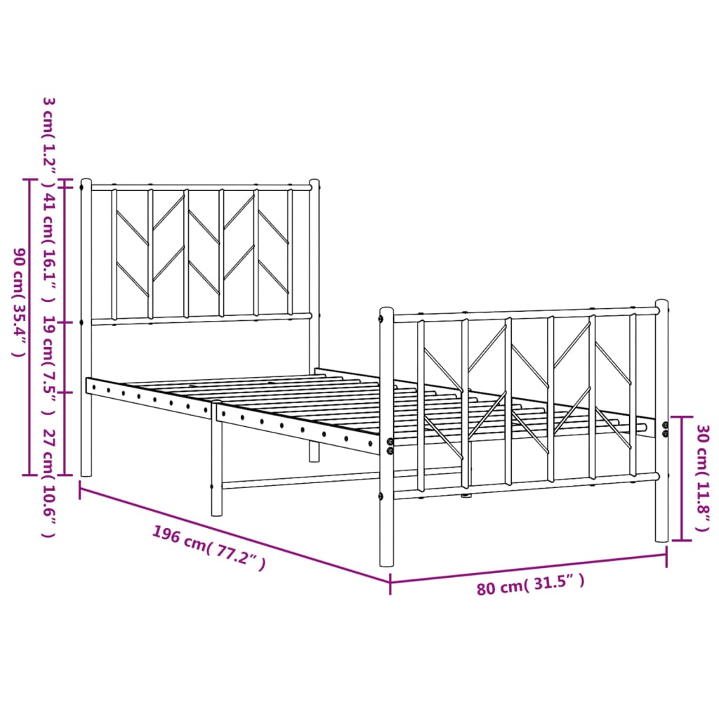 Bed frame with head and footboard metal black 75x190 cm