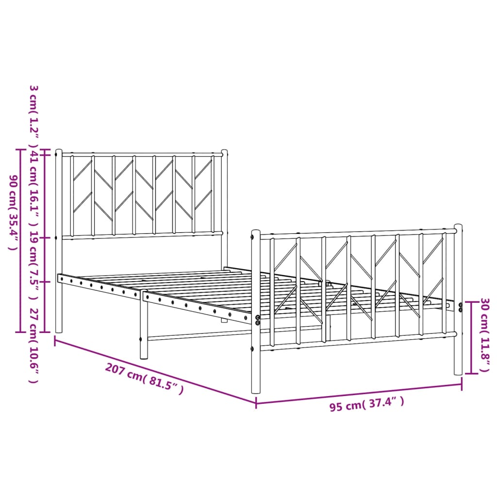Bed frame with head and footboard metal black 90x200 cm