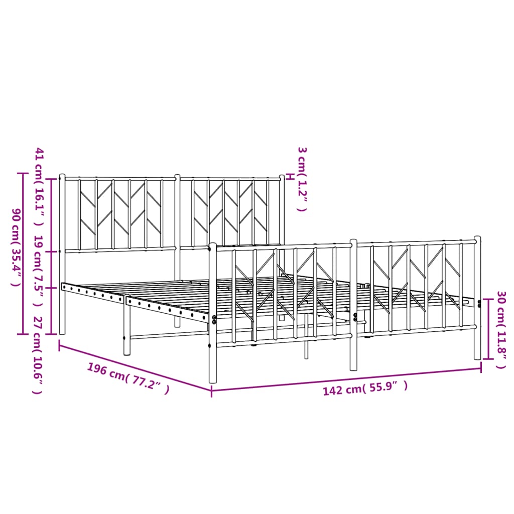 Bed frame with head and footboard metal black 135x190 cm