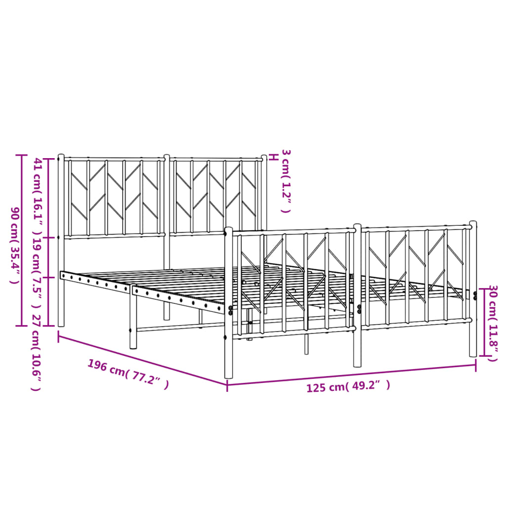 Bed frame with head and footboard metal white 120x190 cm