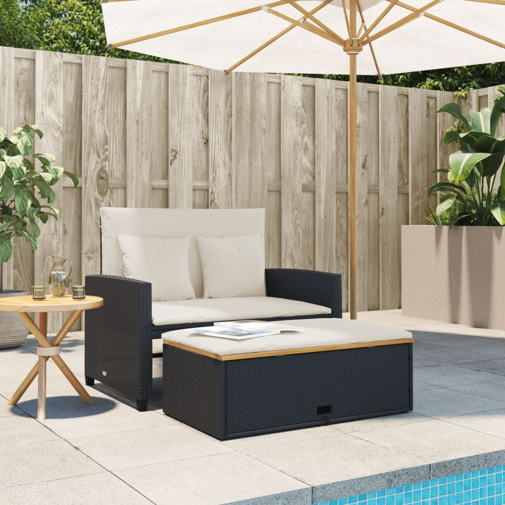 Garden Sofa with Cushions 2-Seater Black Poly Rattan&amp;Acacia Wood