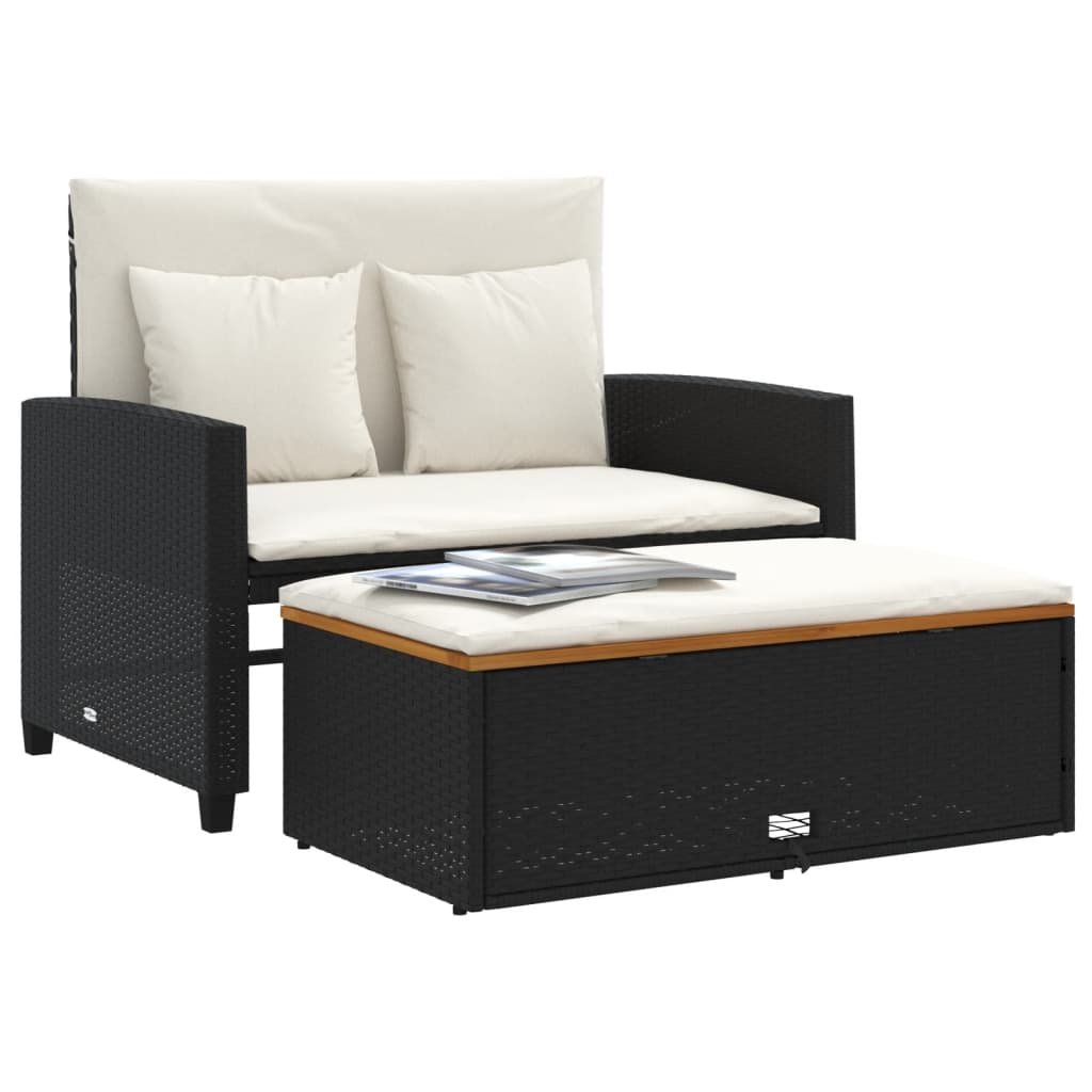 Garden Sofa with Cushions 2-Seater Black Poly Rattan&amp;Acacia Wood