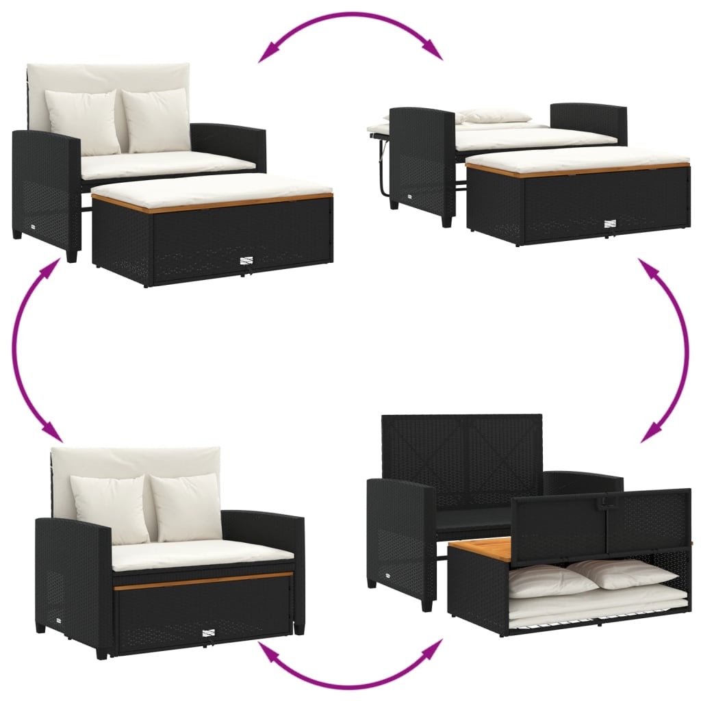 Garden Sofa with Cushions 2-Seater Black Poly Rattan&amp;Acacia Wood