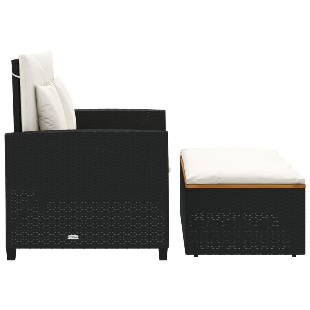 Garden Sofa with Cushions 2-Seater Black Poly Rattan&amp;Acacia Wood