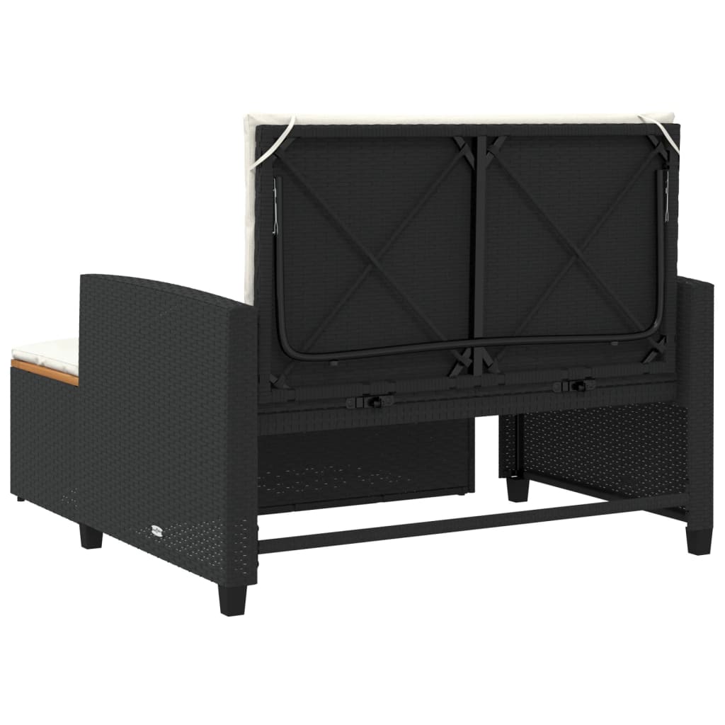 Garden Sofa with Cushions 2-Seater Black Poly Rattan&amp;Acacia Wood