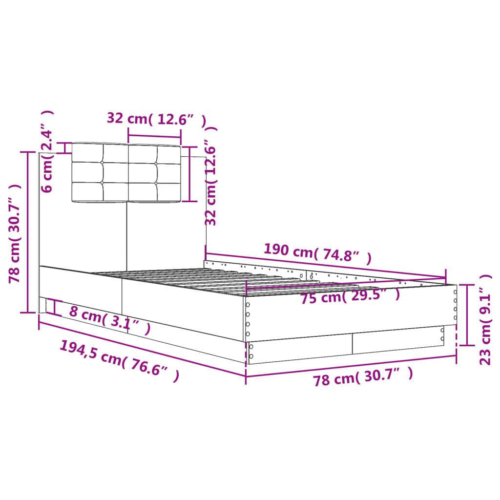 Bettgestell mit Kopfteil Braun Eiche 75x190 cm Holzwerkstoff