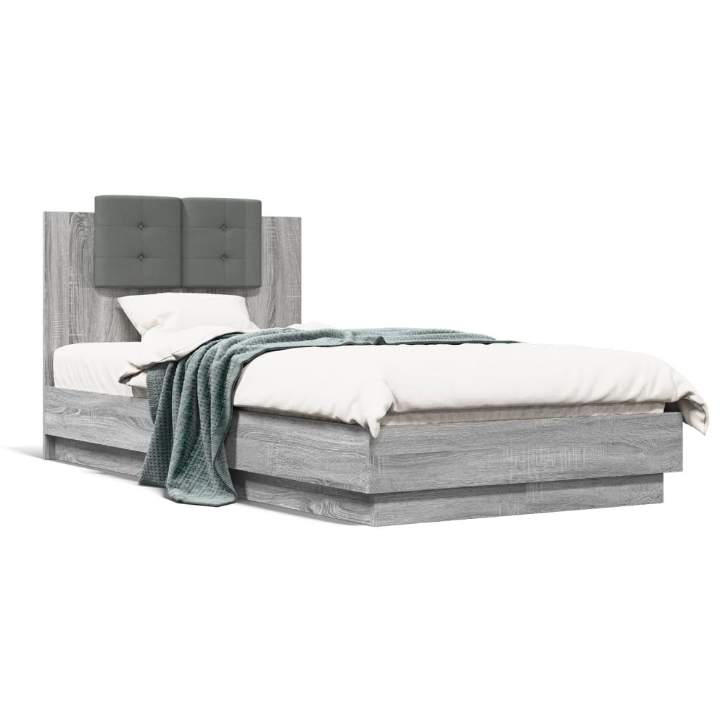 Bettgestell mit Kopfteil und LED-Leuchten Grau Sonoma 90x190 cm