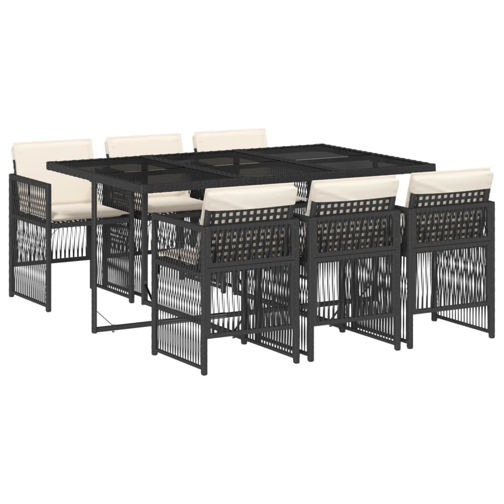 7-tlg. Garten-Essgruppe mit Kissen Schwarz Poly Rattan