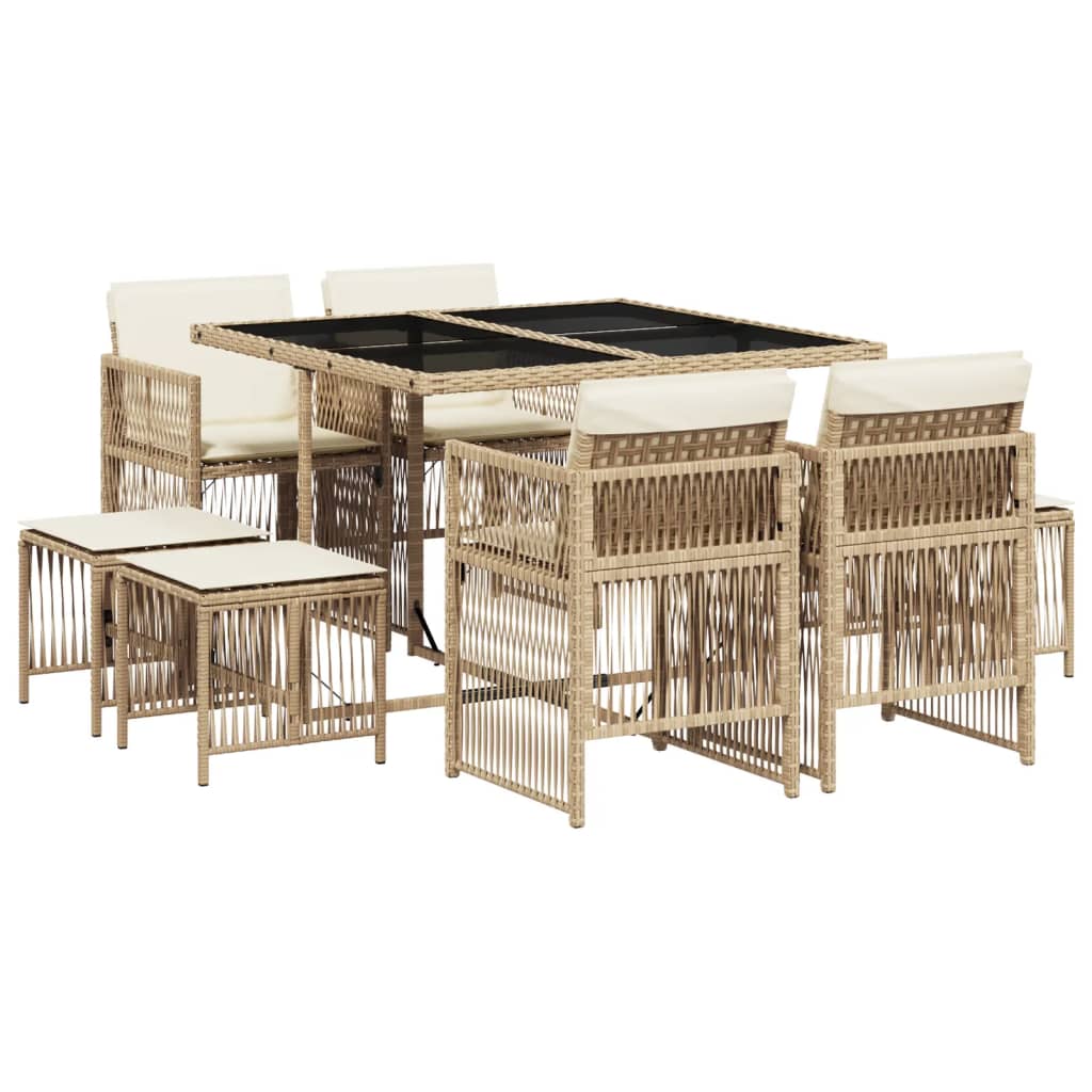 9-tlg. Garten-Essgruppe mit Kissen Beige Poly Rattan