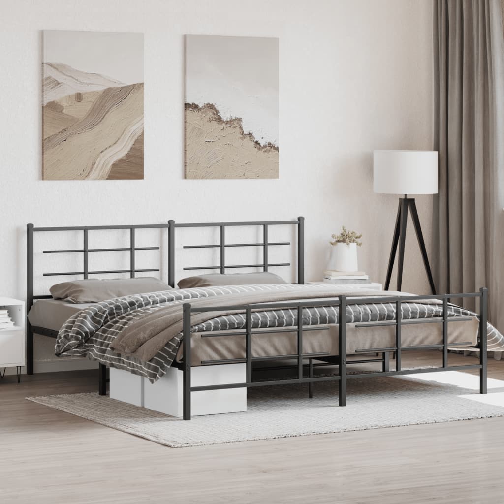 Bed frame with head and footboard metal black 200x200 cm