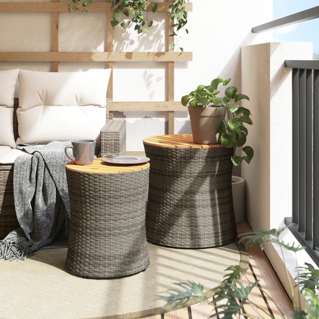 Garden Side Tables 2 pcs. with Wooden Top Grey Poly Rattan
