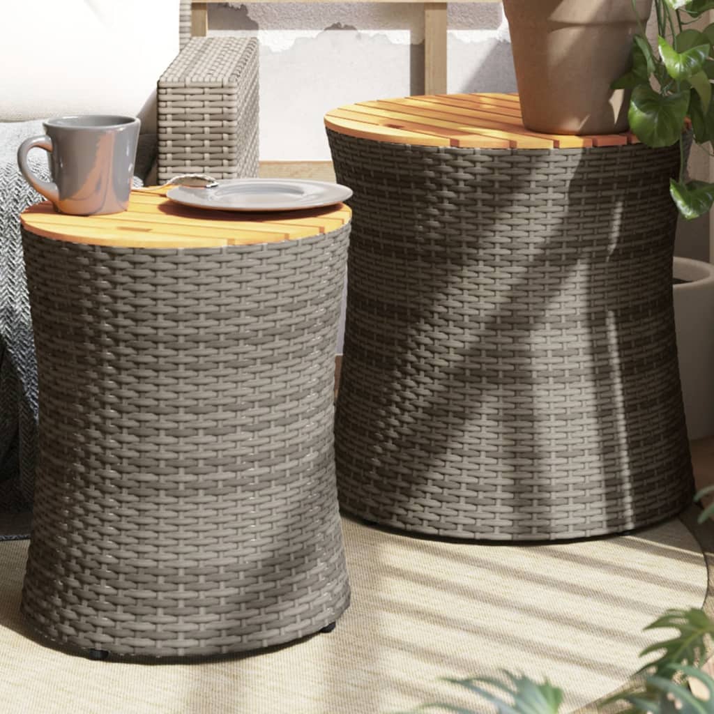 Garden Side Tables 2 pcs. with Wooden Top Grey Poly Rattan