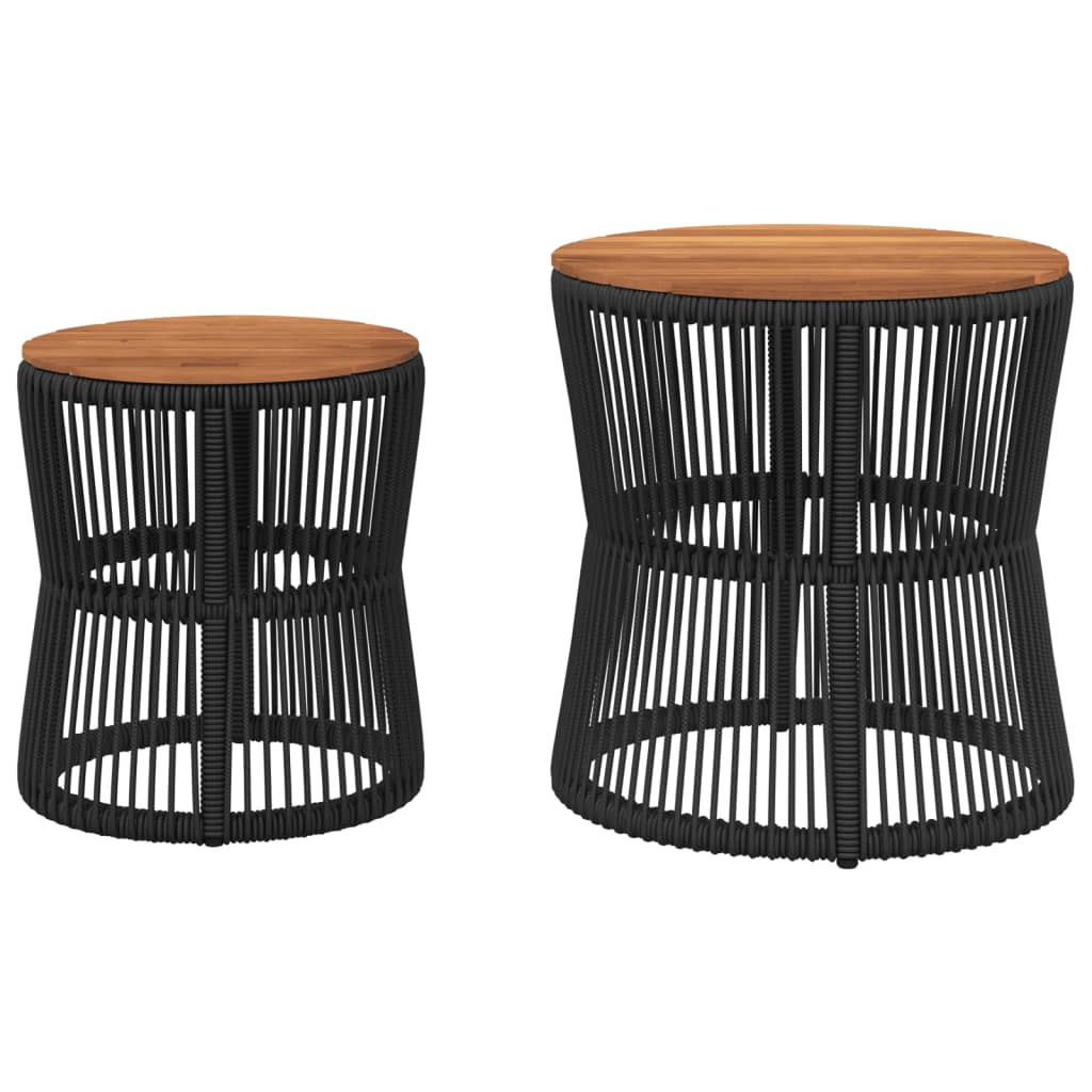 Garden Side Tables 2 pcs. with Wooden Top Black Poly Rattan