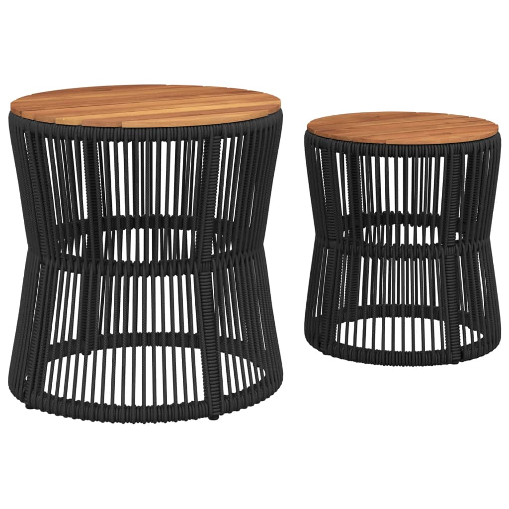 Garden Side Tables 2 pcs. with Wooden Top Black Poly Rattan