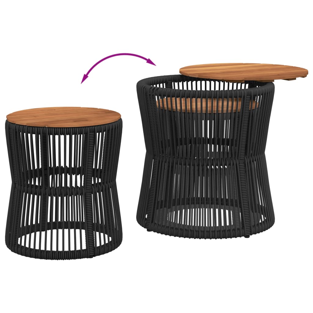 Garden Side Tables 2 pcs. with Wooden Top Black Poly Rattan