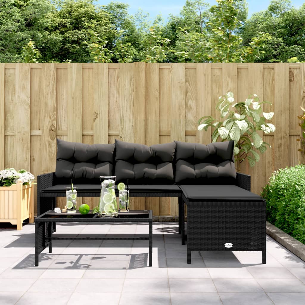 L-shaped garden sofa with table and cushions black poly rattan