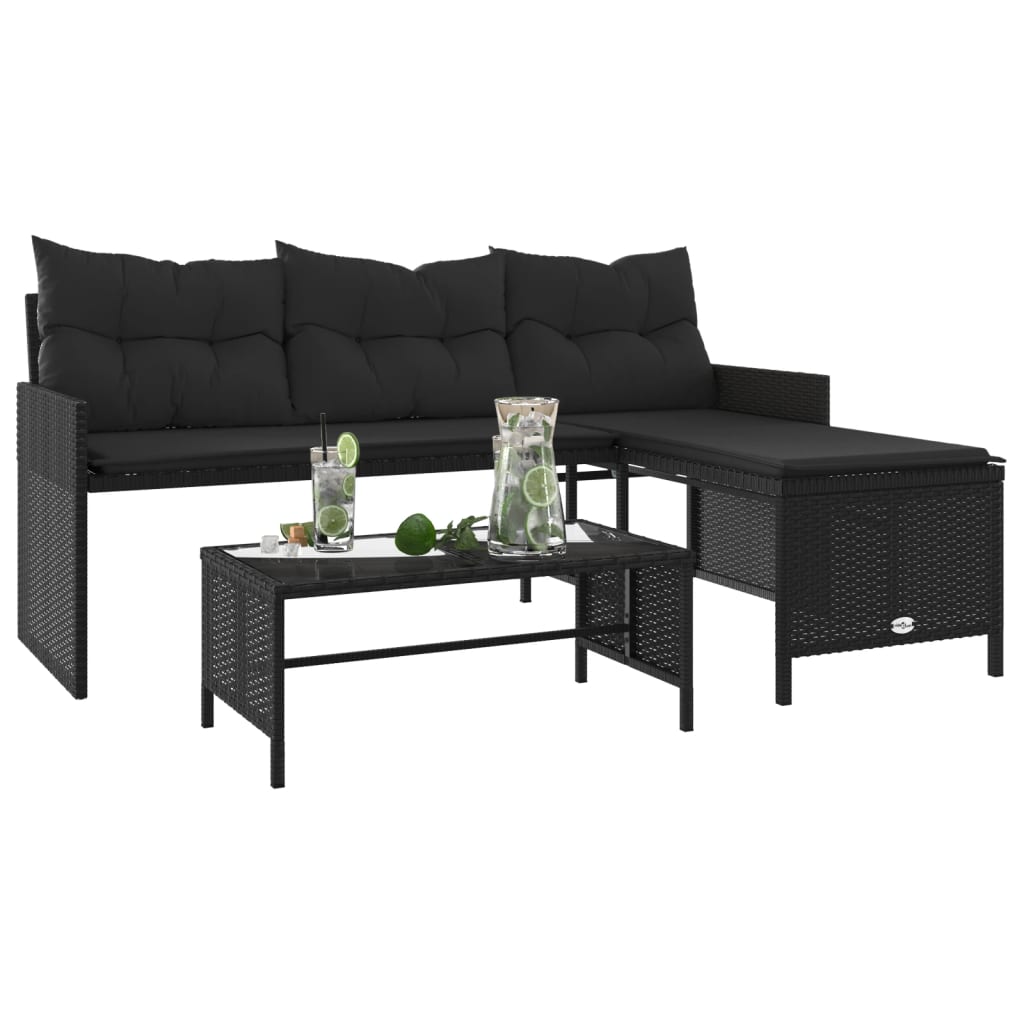L-shaped garden sofa with table and cushions black poly rattan